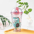 Dinosaur Cups with straw Travel Tumblers Water Bottle Ice Mugs Plastic Party Cup Birthday Gift (pink dinosaur, 6.5 * 20 cm)
