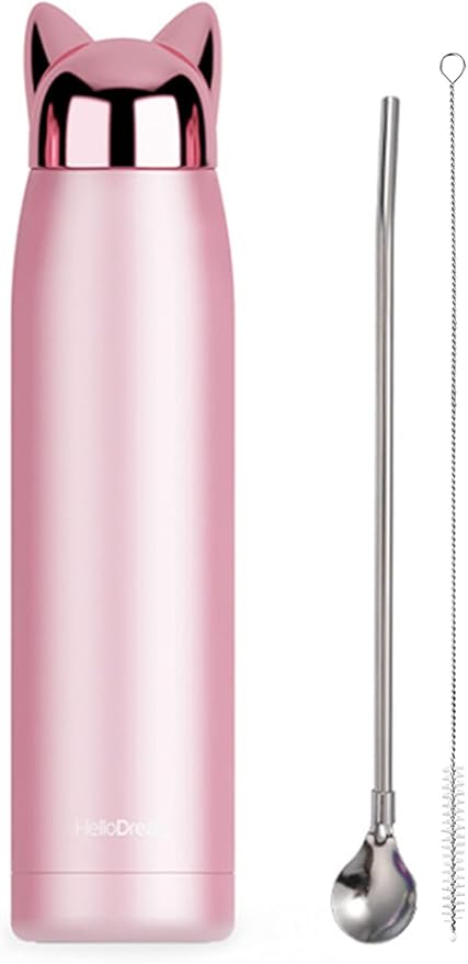 Insulated Bottle for Cat Lover Gift: 11oz Slim Stainless Steel Water Bottle Leak-Proof for Travel Backpack - Small Cute Cat Tumbler Coffee Flask for Women Purse - Pink 320ml