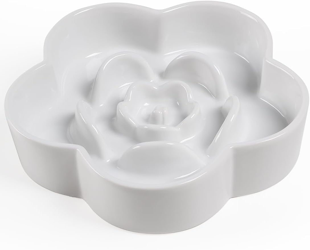 Ceramic Slow Feeder Dog/Cat Bowl, Anti-Choking Slow Food Bowls, 8" 11.3oz Slow Feeder for Medium, Large Breeds, Plum Puzzle Design, Non-Slip Silicone, Dishwasher and Microwave Safe, White