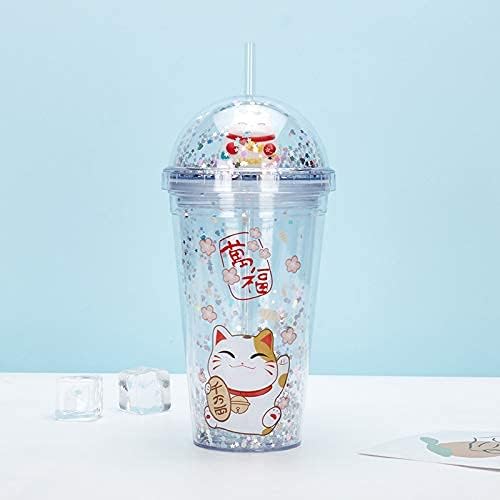 Lucky Cat Drinking Cups with Straw Kitten Party Cup Travel Tumblers Ice Coffee Mugs Women Reusable Plastic Water Bottle Birthday Gift (white cat, 6.5 * 20 cm)
