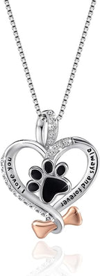 VANLAMS Womens 925 Sterling Silver Bone Love Heart Dog Paw Print Pendant Necklace I Love You Forever and Ever, Gifts for Dog Owner