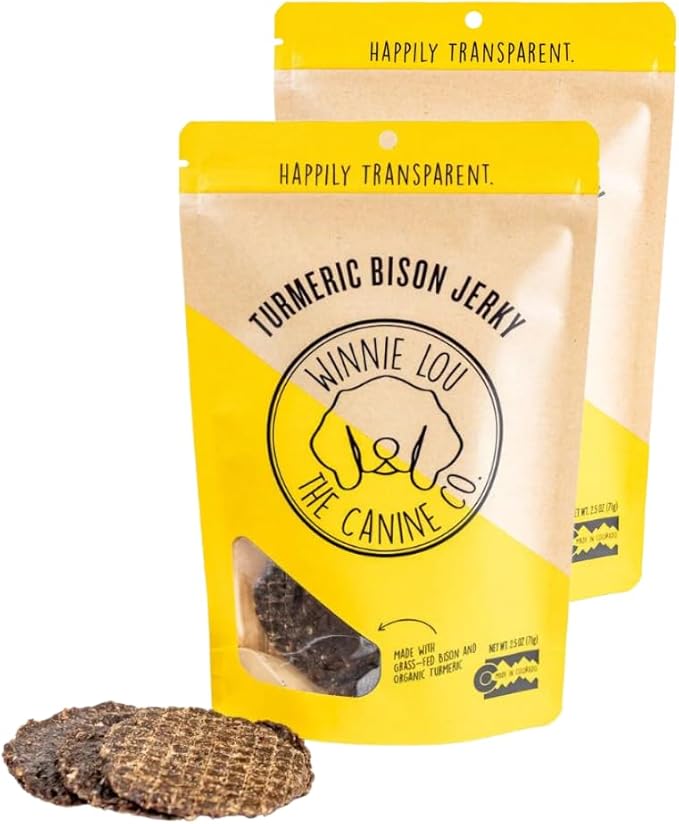 Winnie Lou Turmeric Bison Jerky Dog Treats – Limited Ingredient, Human Grade, Training Treats for Small, Medium & Large Dogs, Made in USA (2 Pack)