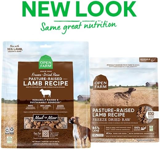 Open Farm, Freeze Dried Raw Dog Food, Morsels with 95% Meat, Organs & Bone, Organic Produce & Superfoods, Complete Meal or Freeze Dried Dog Food Topper, Lamb Recipe, 13.5oz Bag