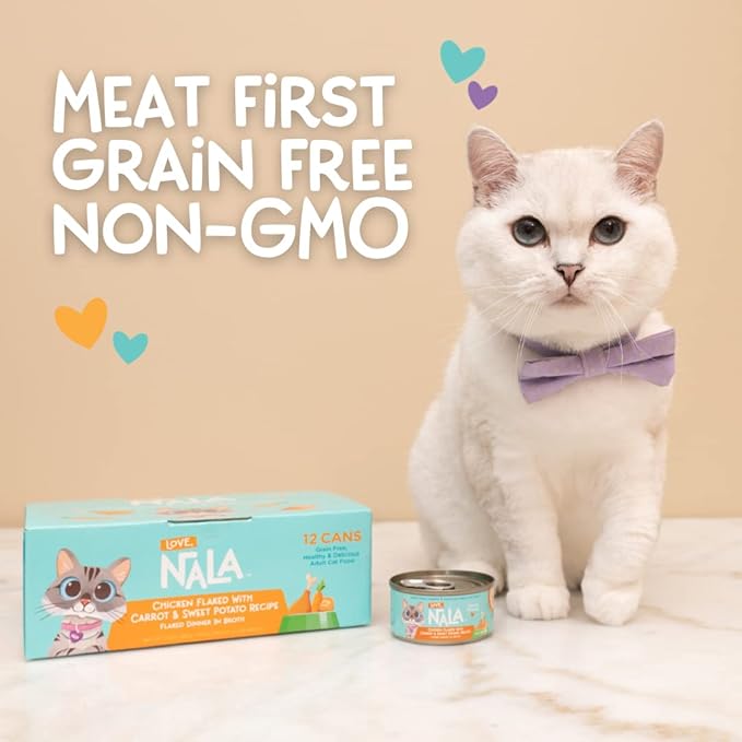 LOVE, NALA - Natural Adult Cat Wet Food - FLAKED Chicken with Carrot & Sweet Potato in Broth - Grain Free, Non-GMO, Lean Protein, Digestive Fiber Blend, Added Minerals & Vitamins - 12 Pack, 2.4 lbs.