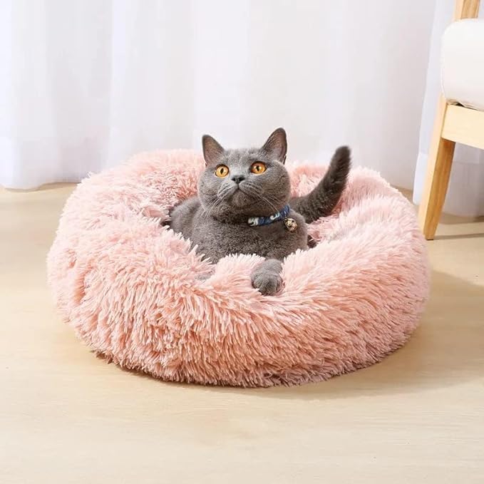 Cat Beds for Indoor Cats - Cat Bed Washable 20/24 inches, Dog Beds for Small Medium Dogs, Anti Anxiety Round Fluffy Plush Faux Fur Cat Bed, Thick Bottom (Pink, Medium)