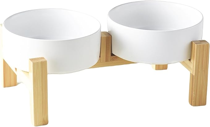Elevated Ceramic Dog Bowl Set - Raised Dog Bowls with Non Slip Bamboo Stand, Food and Water Bowl Set for Kitty, Cats and Toy Breed Dogs, Pet Bowls, Weighted Dogs Dishes (5.1'', 2*16OZ, White)