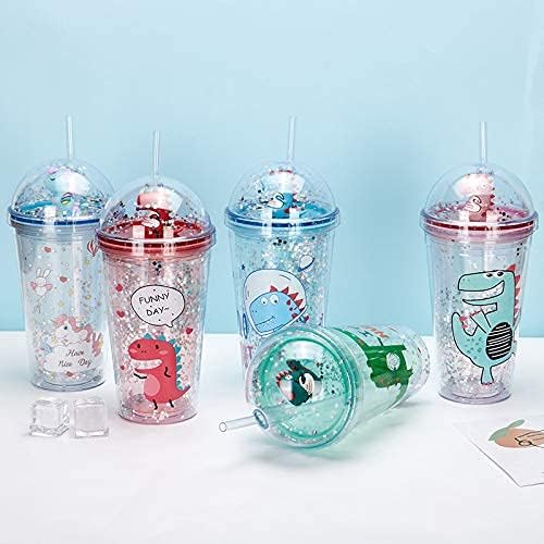 Dinosaur Cups with straw Travel Tumblers Water Bottle Ice Coffee Mugs Plastic Party Cup Birthday Gift (green dinosaur, 6.5 * 20 cm)