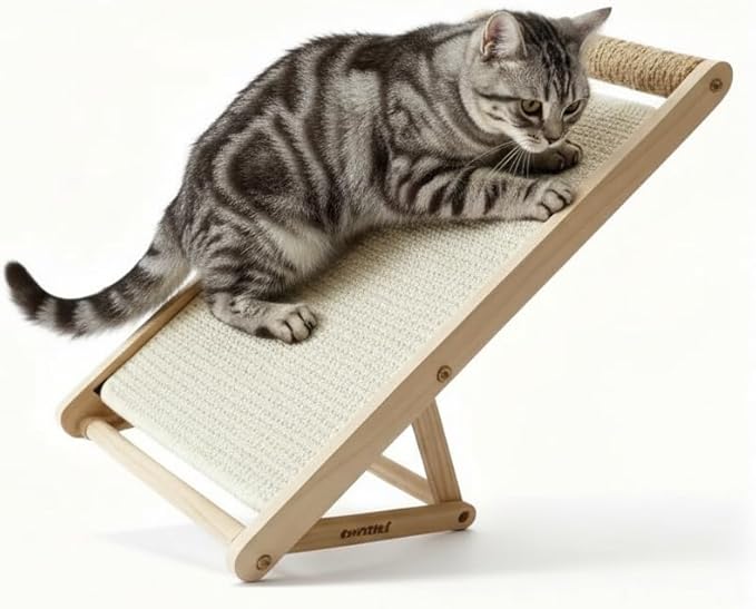Cat Scratcher with Ramp, 22-inch Natural Sisal & Solid Wood, Tool-Free 2-Step Assembly, Stable Triangle Base for Indoor Cats (Beige)