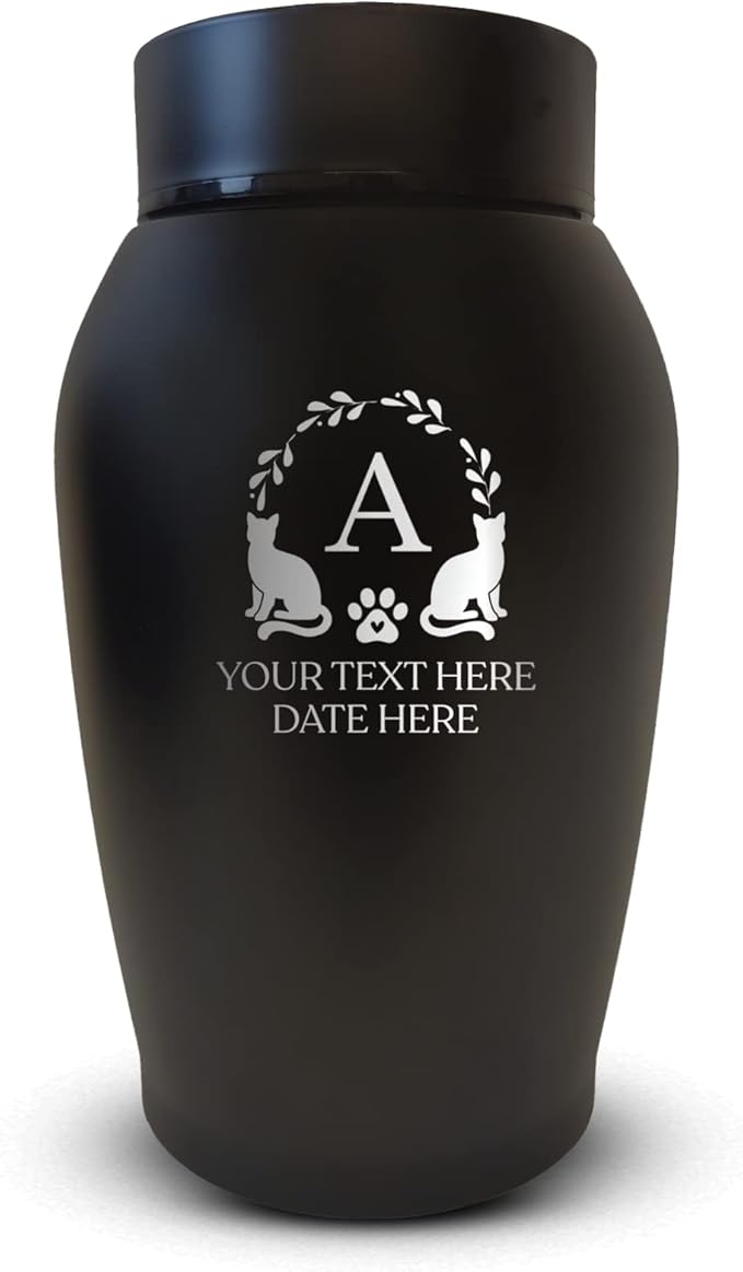 Personalized Custom Small Keepsake Urn Engraved with Pet Name, Date and Cat Design - 5.2" Black Powder Coated Steel Cremation Urn for Cat Ashes - Airtight Closure | 12-16 lb Capacity, Cat Borders