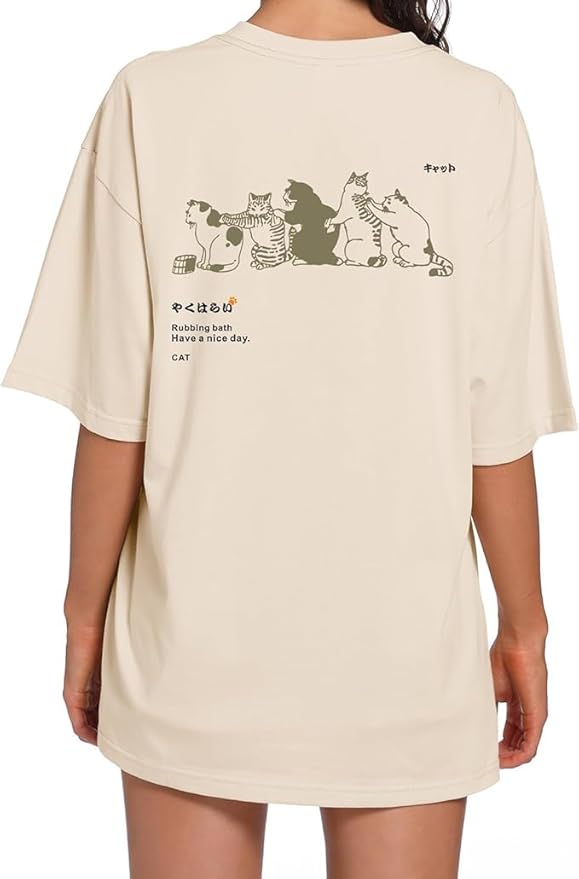 Womens Vintage Graphic Tee Shirt Cat Print Short Sleeve Loose Tunic Tops Gothic Oversized Punk Baggy Shirts