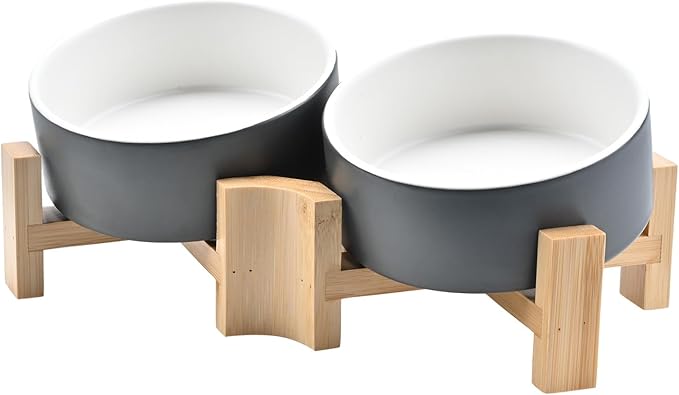 SPUNKYJUNKY 15° Slanted Ceramic Dog and Cat Bowl with Wooden Stand, Tilted Bulldog Food and Water Bowl No Slip Non-Spill for Cats Medium Dogs Big Face Pets 13.5 OZ (1.7 Cups, White-Grey × 2)
