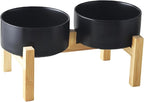 Raised Ceramic Dog Bowl Set - Elevated Dog Bowls with Non Slip Bamboo Stand, Food and Water Bowl Set for Small and Medium Breed Dogs, Pet Bowls, Weighted Dogs Dishes (6'', 2 * 30OZ, Black)