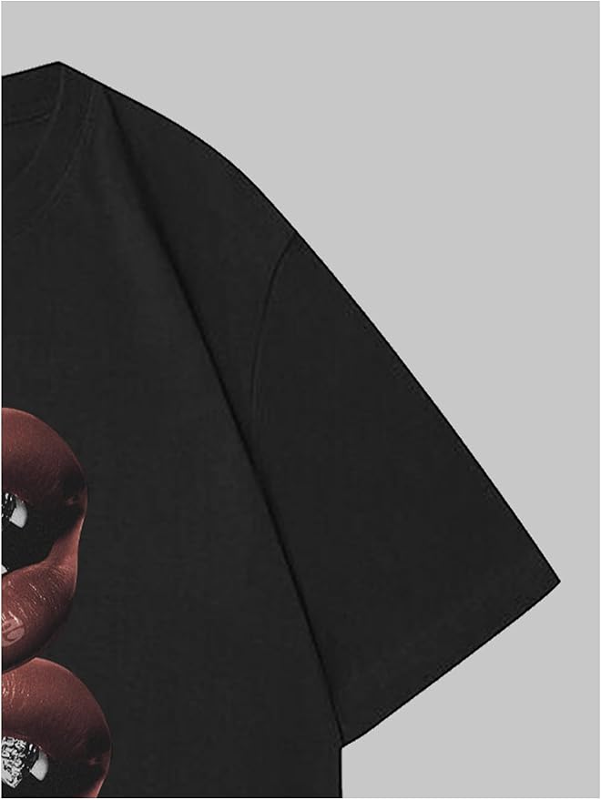 Verdusa Women's Lips Print Graphic Tees Y2k T Shirts Summer Crew Neck Vintage Going Out Tops