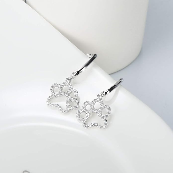 Paw Print Earrings Sterling Silver Leverback Dog Paw Earrings Puppy Paw Drop Dangle Earring for Women Girls