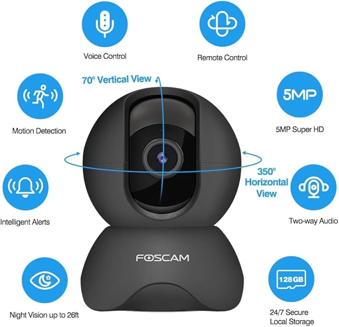 FOSCAM 3K 5MP WiFi Pet Cameras for Home Security, with 360° Pan Tilt, 2-Way Audio, 20X Digital Zoom, Night Vision, AI Human Detection, 2 Pack of Black