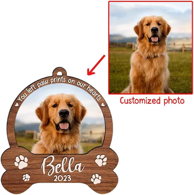 Personalized Memorial Ornament, Custom Photo with Name Year, Pet Sympathy Gifts, Christmas Tree Ornaments, Dog Loss, You Left Paw Prints On Our Heart A1
