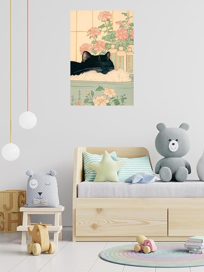 Relaxation Japanese Poster Print Cute Black Cat Wall Art Decor Bathtub Pink Flowers and Green Leaves Picture Canvas Minimalist Japan Artwork for Bathroom Bedroom Toilet Kids Room 24x36inch Unframed