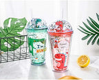Dinosaur Cups with straw Travel Tumblers Water Bottle Ice Coffee Mugs Plastic Party Cup Birthday Gift (green dinosaur, 6.5 * 20 cm)