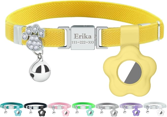 Personalized Safety Elastic Cat Collars with Bell Soft Silicone Cover for Air Tag,Laser Customized Stretch Kitten Collars for Girls Boys Cats (Yellow)