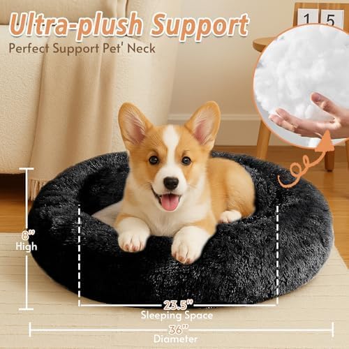 JOLLYVOGUE Calming Dog & Cat Bed for Large Dogs, Anti-Anxiety Donut Cuddler Cozy Soft Round Bed with Anti-Slip Bottom, Fluffy Faux Fur Plush Cushion Beds for Medium Dogs (36")