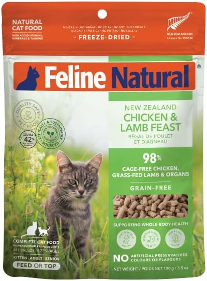 Feline Natural High Protein Dry Cat Food, Freeze-Dried Diet with 98% Meat, Organs & Seafood, No Peas, Grains, or Artificial Additives, Made in New Zealand, Chicken & Lamb, 3.5oz (Pack of 2)