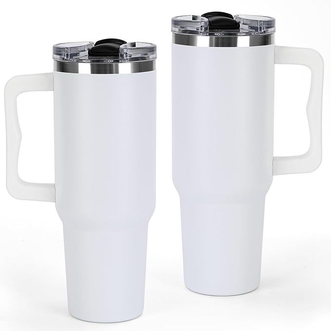 40 oz Tumbler with Handle and Straw Lid Insulated Cup Stainless Steel Water Bottle Travel Mug Cupholder Use Gifts for Women Men Kids Trek Collection White
