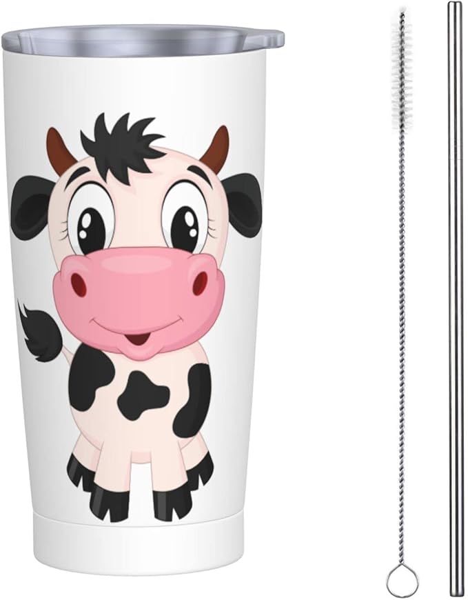 Dujiea 20oz Tumbler With Lid And Straw, Cute Cartoon Milk Cow Vacuum Insulated Iced Coffee Mug Reusable Travel Cup Stainless Steel Water Bottle