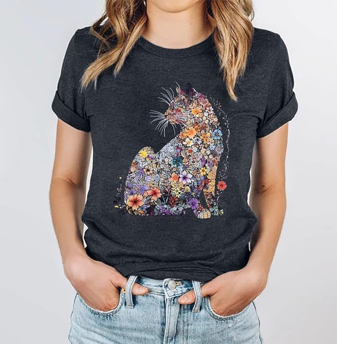 Womens Vintage Graphic Tee Shirt Cat Print Short Sleeve Loose Tunic Tops Gothic Oversized Punk Baggy Shirts