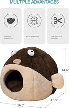 Cat Beds for Indoor Cats - Cat Bed Cave with Removable Washable Cushioned Pillow, Soft Plush Premium Cotton No Deformation Pet Bed, Lively Pufferfish Cat House Design, Brown, Multiple Sizes(L)