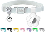 Personalized Safety Elastic Cat Collars with Bell Soft Silicone Cover for Air Tag,Laser Customized Stretch Kitten Collars for Girls Boys Cats (White)