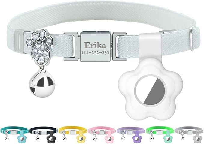 Personalized Safety Elastic Cat Collars with Bell Soft Silicone Cover for Air Tag,Laser Customized Stretch Kitten Collars for Girls Boys Cats (White)