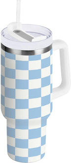 Boccsty Checkered Colorful Blue Insulated Tumblers Reusable Stainless Steel Tumbler 40 oz Cup Coffee Travel Mug Water Bottle with Handle & Flip Straw for Home Office Car