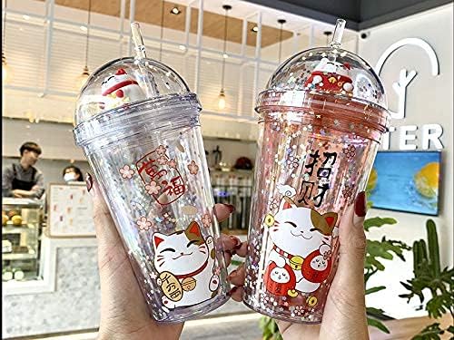 Lucky Cat Drinking Cups with Straw Kitten Party Cup Travel Tumblers Ice Coffee Mugs Women Reusable Plastic Water Bottle Birthday Gift (white cat, 6.5 * 20 cm)