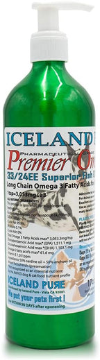 Premier Omega Fish Oil Supplement by Iceland Pure | Wild Caught | 3053mg of Omega-3 per teaspoon | For Large Dog Breeds | Ethyl Ester Distillation | Pump Bottle BPA Free Brushed Aluminum 17Oz