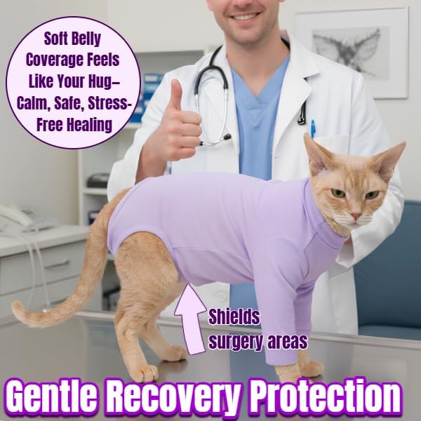 Cat Recovery Suit Male & Female Neuter, Cute Kitten Onesie for Cats After Surgery, Soft Fabric Cat Spay Clothes for Kittens, Kitten Surgical Pajamas for Girls, Cone Alternative Body Suit(Purple, S)