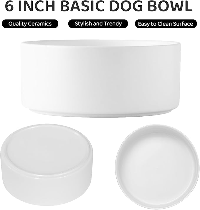 Raised Ceramic Dog Bowl Set - Elevated Dog Bowls with Non Slip Bamboo Stand, Food and Water Bowl Set for Small and Medium Breed Dogs, Pet Bowls, Weighted Dogs Dishes (6'', 2 * 30OZ, White)