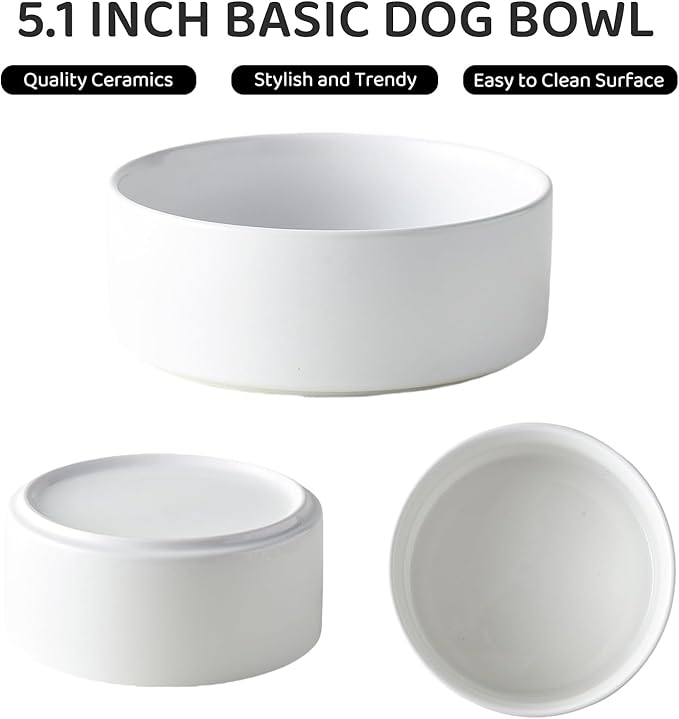Elevated Ceramic Dog Bowl Set - Raised Dog Bowls with Non Slip Bamboo Stand, Food and Water Bowl Set for Kitty, Cats and Toy Breed Dogs, Pet Bowls, Weighted Dogs Dishes (5.1'', 2*16OZ, White)