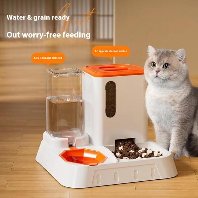 2-in-1 Automatic Pet Food and Water Dispenser, Cat Feeding Station with Storage Container, White and Orange