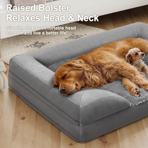 Gimars 3.7in Thickened Orthopedic Dog Bed for Large Dogs, Supportive L Dog Sofa Bed with Bolster & 28D Egg-Crate Mattress, Waterproof Lining, Washable Plush Cover for Arthritic Dogs