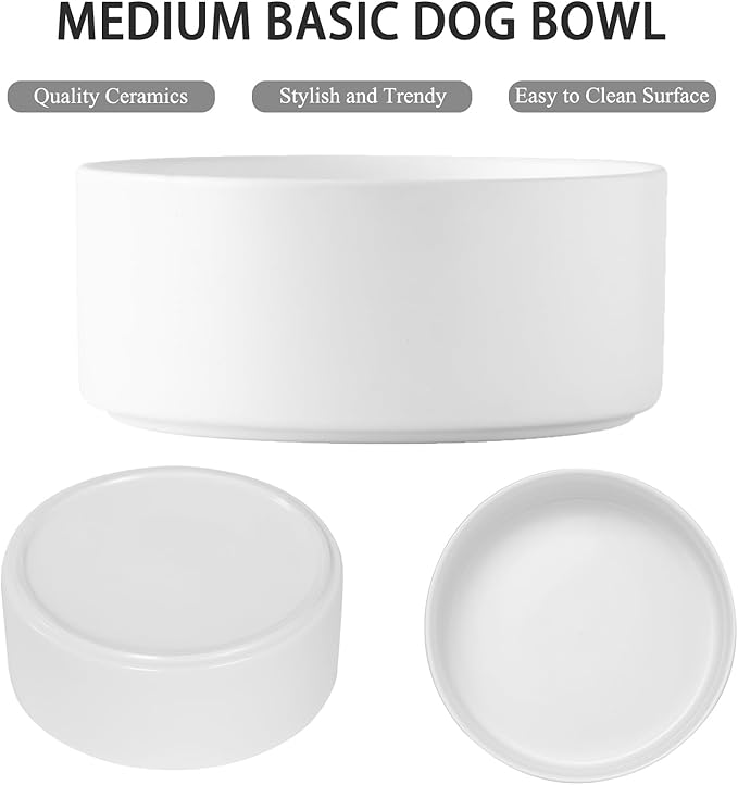 Ceramic Set of 2 Dog Bowls - Classic Dogs Food & Water Bowl for Small and Medium Breed, Heavy-Duty Non-Slip Dog Dishes, Food Grade Pet Bowl, Dishwasher & Microwave Safe (6'', 2*30OZ, White)