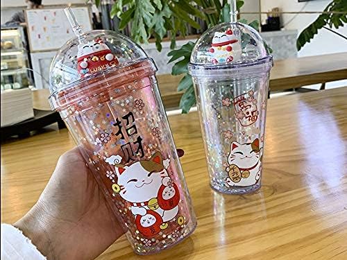 Lucky Cat Cups with Straw Paty Kitten Travel Drinking Tumblers Plastic Water Bottle Birthday Gift (red cat, 6.5 * 20 cm)