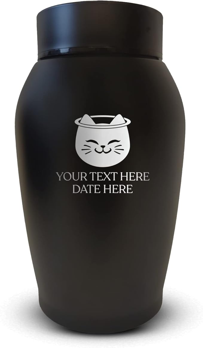 Personalized Custom Small Keepsake Urn Engraved with Pet Name, Date and Cat Design - 5.2" Black Powder Coated Steel Cremation Urn for Cat Ashes - Airtight Closure | 12-16 lb Capacity, Cat with Halo