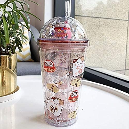 Cat Drink Cups with Straw Travel Tumblers Cups Cartoon Party Cup Ice Coffee Mug Water Bottle Birthday Gift (pink cat, 430ml cat)