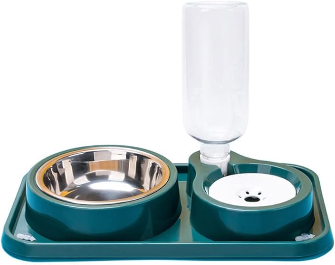 Double Dog Cat Bowls, Pet Water and Food Bowl Set with Automatic Water Dispenser Bottle Detachable Stainless Steel Bowl, Gravity Water Feeder Bowl No-Spill for Cats and Dogs Puppy Kitten Rabbit