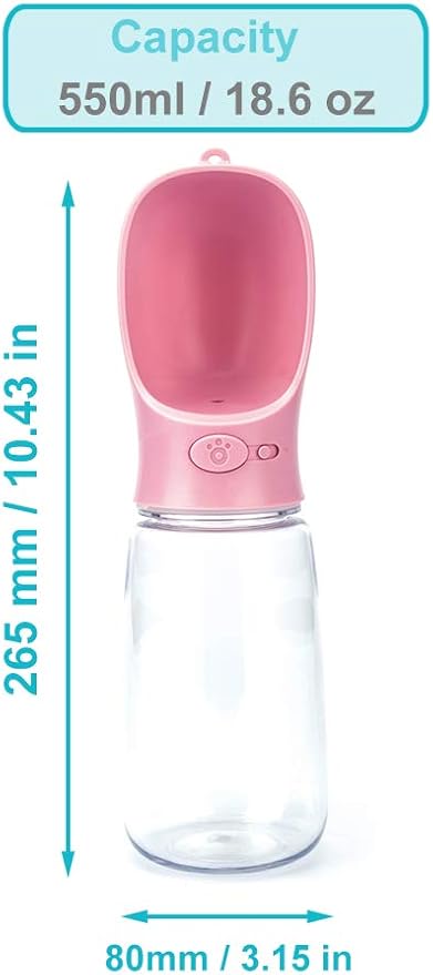 550 ml / 18.6 oz Portable Dog Water Bottle, Water Bottle with Drinking Feeder for Dogs, Water Dispenser for Dogs in Walking, Hiking & Traveling (Pink)