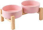 Elevated Ceramic Dog Bowl Set - Raised Dog Bowls with Non Slip Bamboo Stand, Food and Water Bowl Set for Kitty, Cats and Toy Breed Dogs, Pet Bowls, Weighted Dogs Dishes (5.1'', 2*16OZ, Pink)