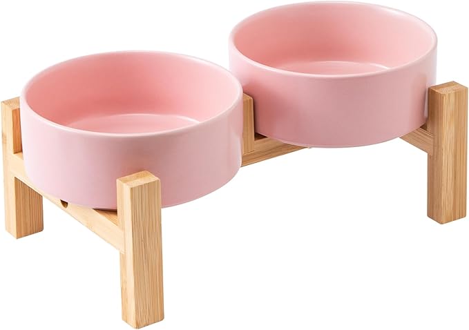 Elevated Ceramic Dog Bowl Set - Raised Dog Bowls with Non Slip Bamboo Stand, Food and Water Bowl Set for Kitty, Cats and Toy Breed Dogs, Pet Bowls, Weighted Dogs Dishes (5.1'', 2*16OZ, Pink)