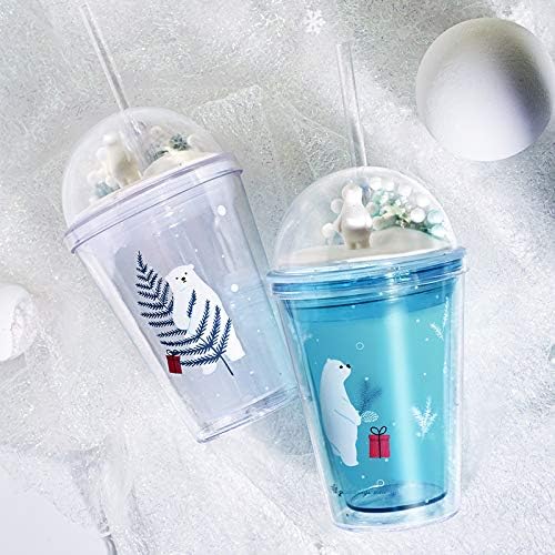 Polar Bear Travel Tumblers Cups with Straw kids Party Cup Reusable Plastic Cup Water Bottle (blue bear, 380 ml)