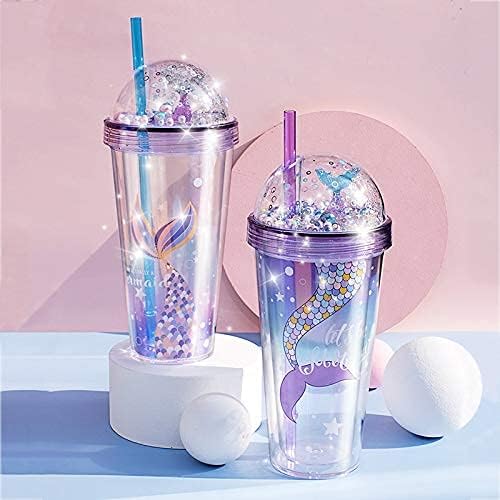Mermaid Travel Tumblers Cups with Straw Party Cup Sparkle Water Bottle Ice Coffee Mugs Birthday Gift (mermaid 2, 420 ml)