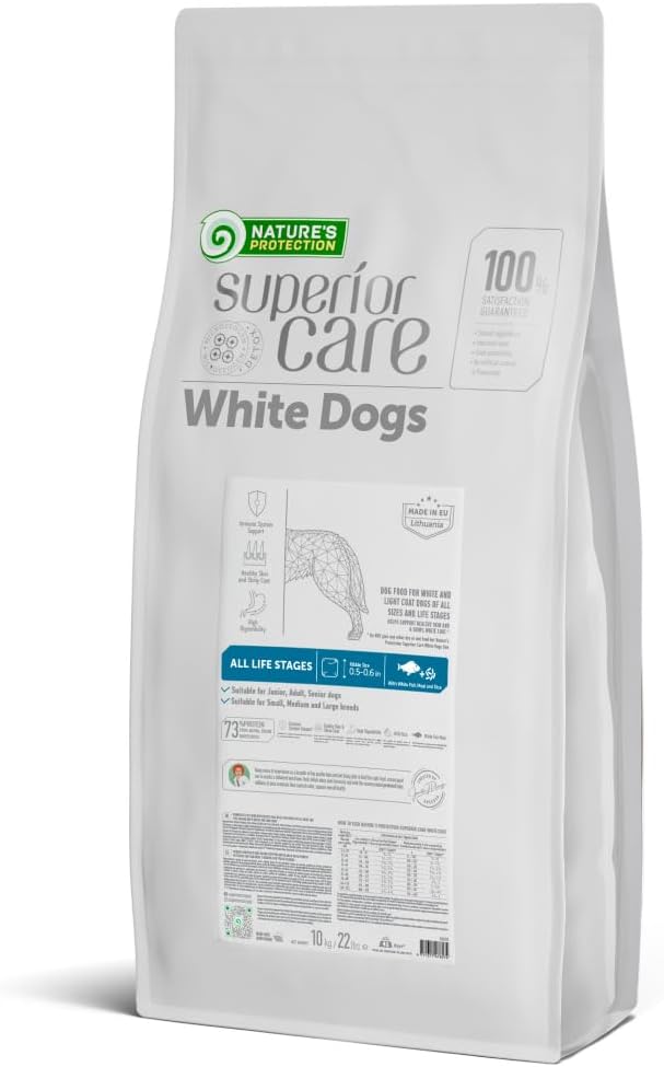 Nature's Protection Superior Care White Dogs Rice Based Dry Dog Food - High Protein, Tear Stain Dog Food for All Breeds Light Coated All Life Stages Dogs, Fresh Pet Meal, White Fish, 22 lb